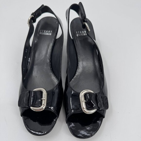 Stuart Weitzman Patent Leather Peep-Toe Slingback Heels Silver Buckle Narrow 8SS - Picture 2 of 10